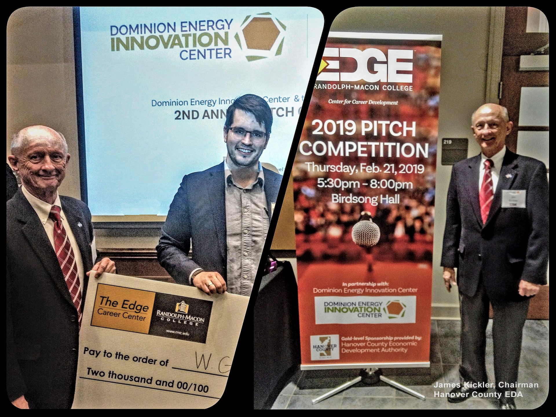 Student accepting two thousand dollar oversized check from Dominion Energy Innovation Center