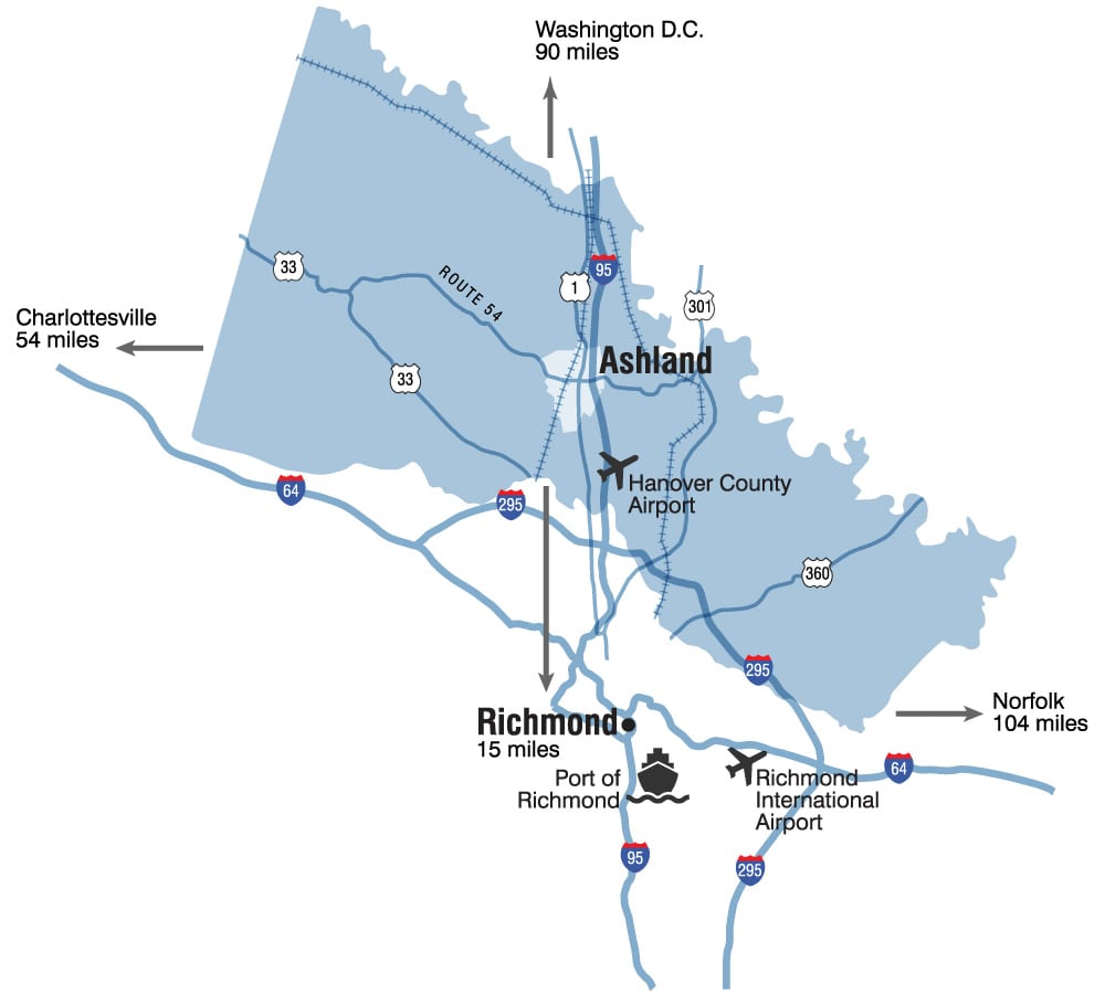 Location map of Ashland showing what is in each direction and where the airports are